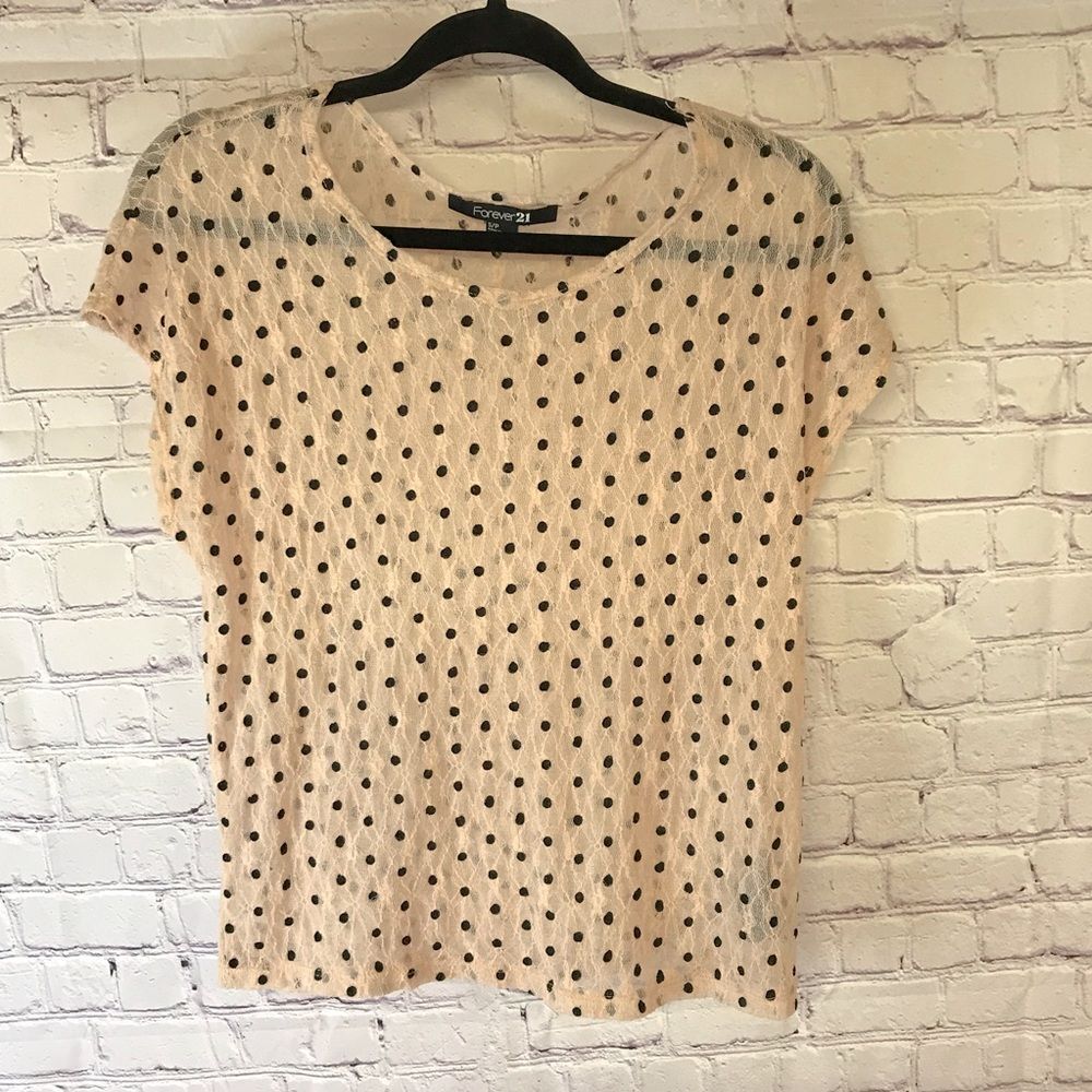 Forever21 Pale Peachy Pink Stretch Lace Semi Sheer Polka Dot Top Size Small